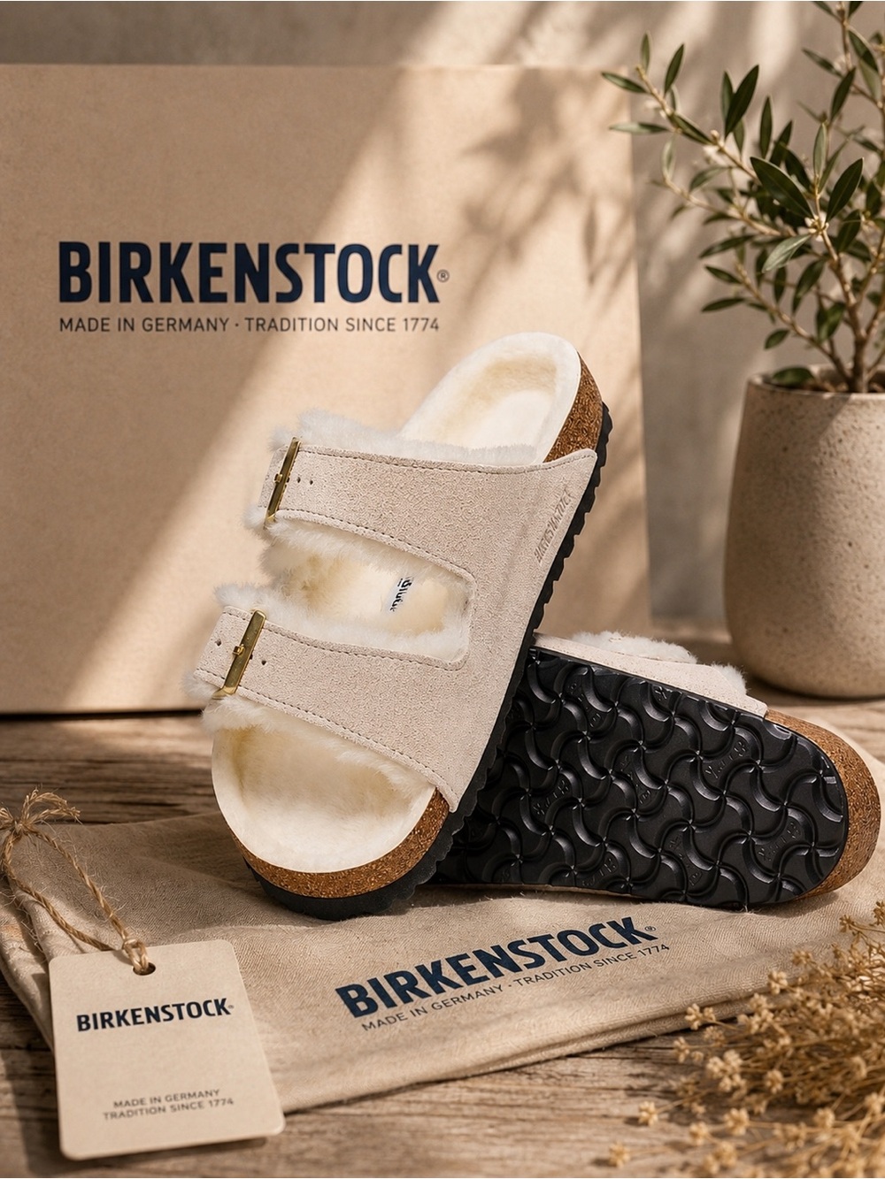 Birkenstock Arizona shearling slide sandal size 38 (7-7.5) in antique white
